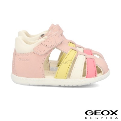Sandália infantil Geox rosa, amarelo, branco e rosa coral com velcro e sola branca
