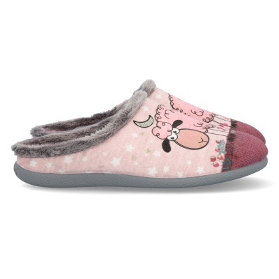 Chinelos de quarto rosa claro com estampa de ovelha e interior cinza felpudo