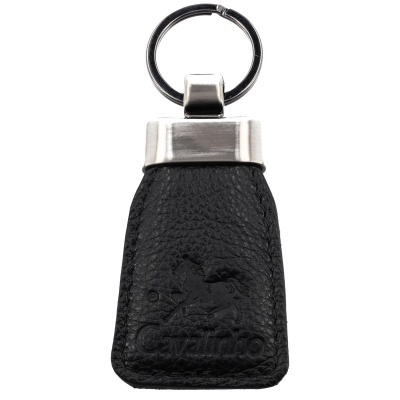 Porta-chaves de pele preta com topo metálico e logotipo Cavalinho em relevo