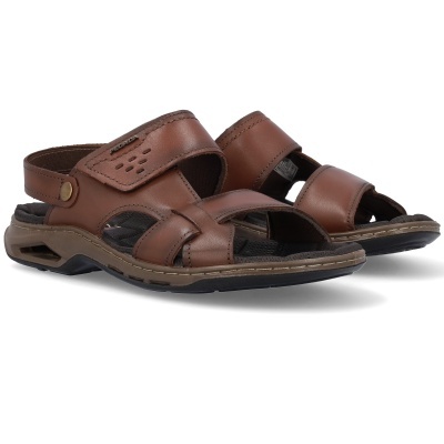 Sandálias castanhas de couro com fecho de velcro e sola preta e castanho claro