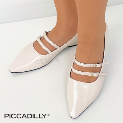 Sapatos rasos femininos brancos com três tiras finas e logo PICCADILLY