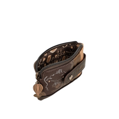 Carteira castanha com bordados e fecho de correr, interior estampado