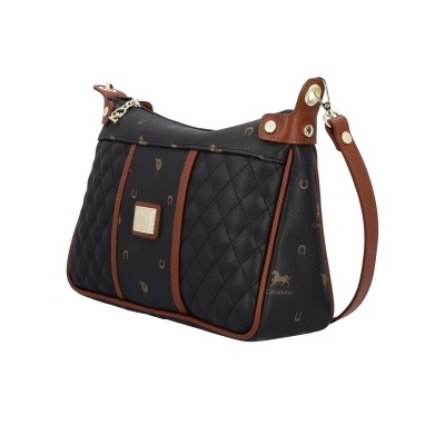 Mala de mão preta com padrão castanho de cavalos e ferraduras e detalhes em couro castanho