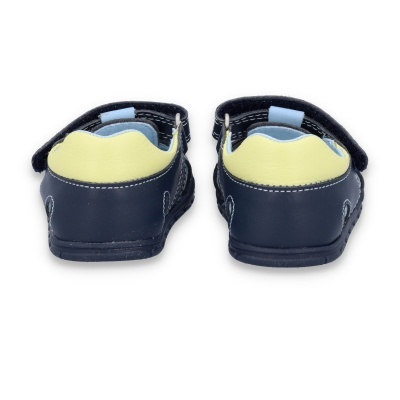 Sapatos infantis em azul escuro e amarelo com velcro