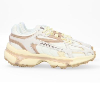 Ténis Lacoste bege e branco com detalhes castanhos e sola espessa