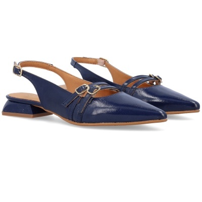 Sapatos de senhora azul escuro em couro brilhante com salto baixo quadrado e biqueira pontiaguda