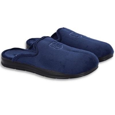 Chinelos masculinos azuis escuros com sola preta e símbolo bordado