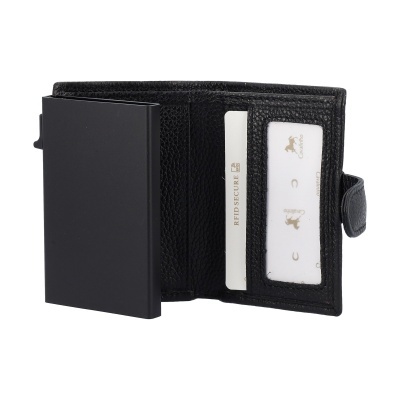 Carteira preta em pele com suporte de cartões preto mate aberta