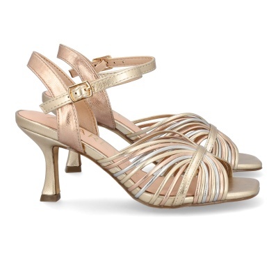 Sandálias de salto alto metálicas em tons dourado, prateado e bronze.