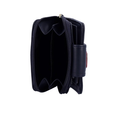 Carteira preta com fecho de correr aberta vista lateralmente