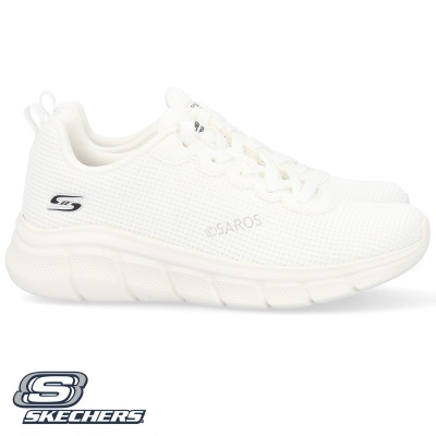 Ténis desportivos brancos Skechers em malha com sola branca e logótipo azul escuro.