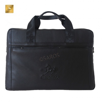 Mala de portátil preta em couro com gravura de cavalo e texto OSAROS Cavalinho