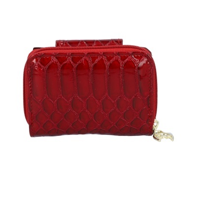 Carteira vermelha com textura de pele de crocodilo e zíper dourado