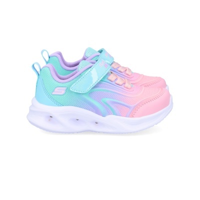Ténis infantil Skechers rosa, azul e lilás com sola branca e velcro