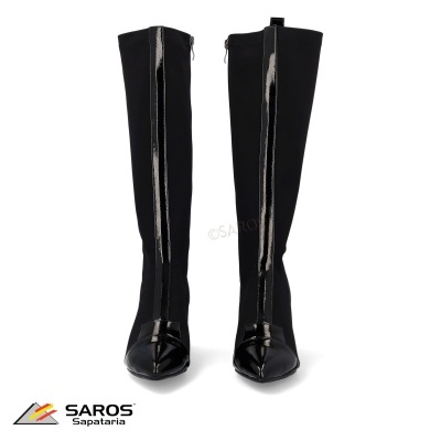 Botas pretas femininas até ao joelho com pormenores brilhantes e logotipo SAROS Sapataria