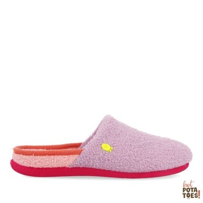 Pantufa feminina felpuda lilás com sola vermelha e interior rosa