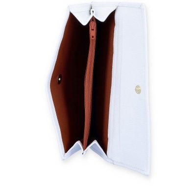 Carteira branca com interior castanho e fecho de correr