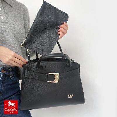 Mala de mão preta em pele com bolsa pequena preta e logótipo Cavalinho Penafiel