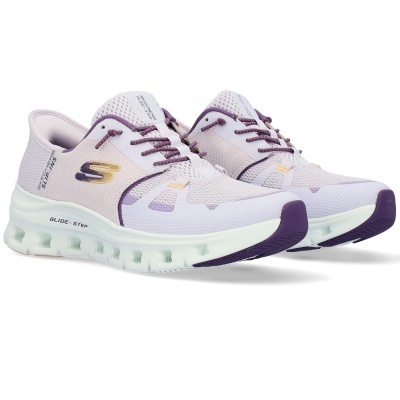 Tênis Skechers lilás com detalhes roxos e solado branco.