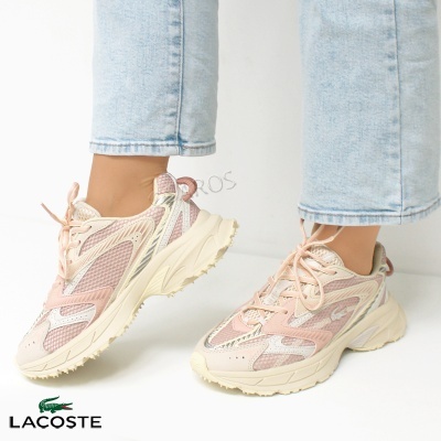 Ténis desportivos rosa e bege Lacoste com sola creme e atacadores rosa