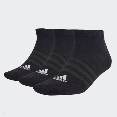 Três pares de meias curtas pretas com riscas cinzentas e logótipo adidas branco
