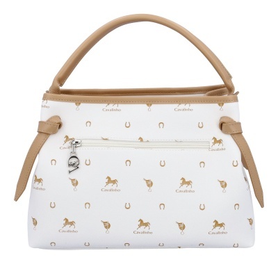 Mala branca com padrão dourado e alça bege