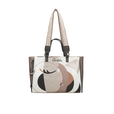 Mala de senhora estampada em tons beige e castanho com alças claras