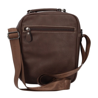 Saco masculino castanho de pele sintética com alça ajustável e fecho de correr frontal