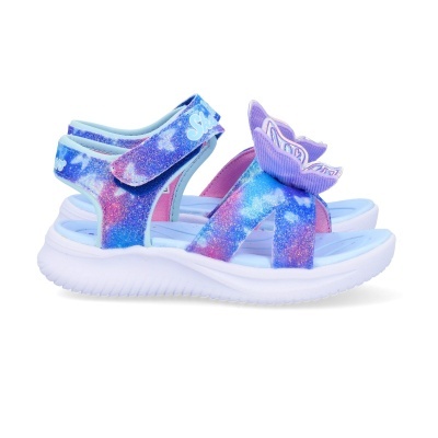 Sandálias infantis azul e lilás com borboleta e sola branca Skechers