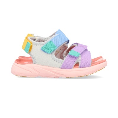 Sandália infantil multicolor com sola rosa claro