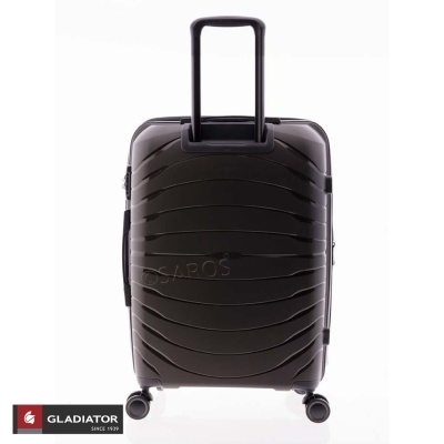 Mala de viagem rígida preta com padrão ondulado e quatro rodas