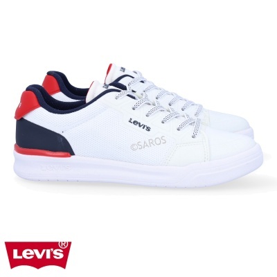Ténis Levi's brancos com detalhes em azul escuro e vermelho