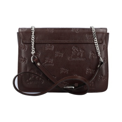 Mala de senhora castanha em pele com padrão de cavalos e alça de corrente