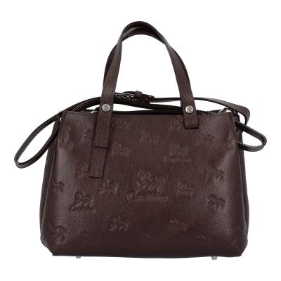 Mala de senhora castanha com padrão em relevo, duas alças curtas e uma alça longa ajustável
