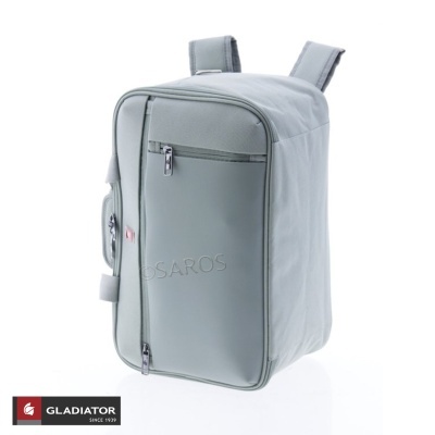 Mochila cinza clara com bolso frontal e alças acolchoadas