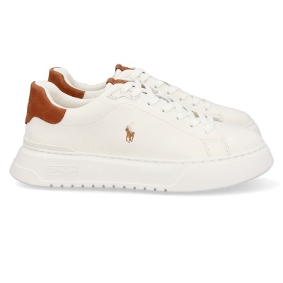 Ténis brancos de couro com detalhes castanhos e logótipo Polo bordado