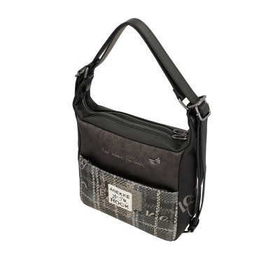 Mala de ombro em preto e castanho com bolso frontal xadrez e etiqueta ANEKKE you ROCK
