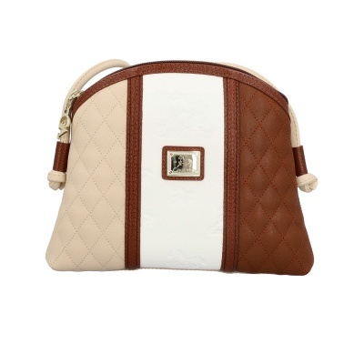 Bolsa carteira bege, castanha e branca com placa metálica Cavalinho e padrão acolchoado