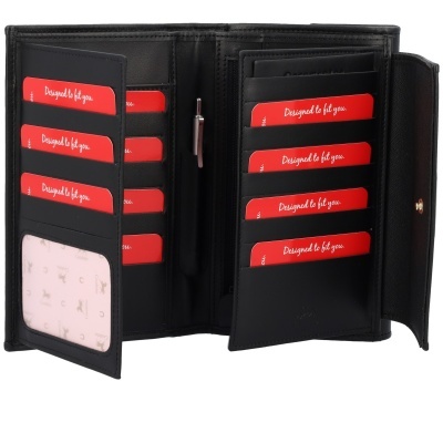 Carteira preta aberta com vários cartões vermelhos e janela de identificação