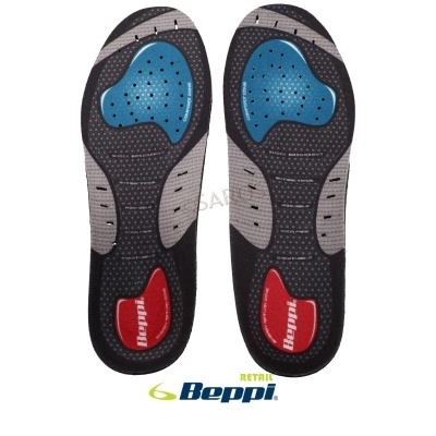 Palmilhas Beppi em cinza, azul e vermelho com texturas perfuradas