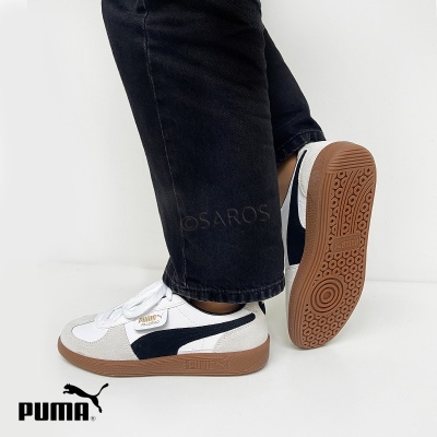 Ténis Puma branco, cinza claro e preto com sola castanha