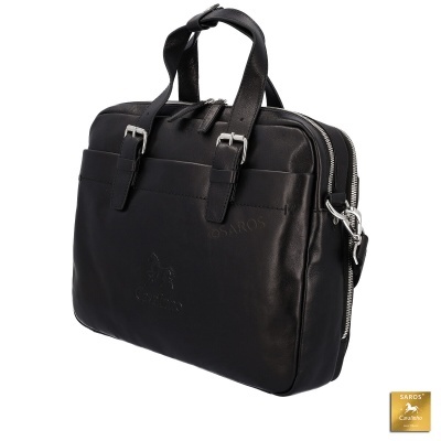 Mala preta em couro com alças e fechos dourados