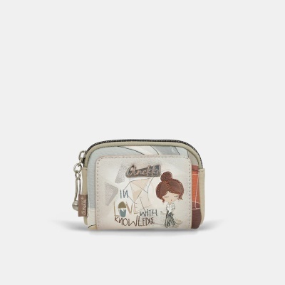 Carteira pequena Anekke bege com ilustração e texto IN LOVE WITH KNOWLEDGE