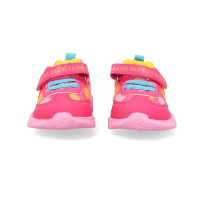 Sapatilhas infantis rosa, amarelo e azul com fecho de velcro e sola rosa claro