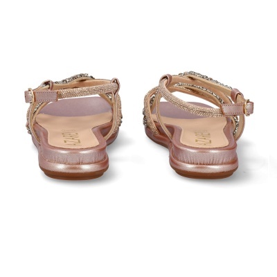 Sandálias rasas femininas rosa dourado com tiras finas e pedraria