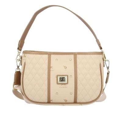 Mala de ombro bege com detalhes castanhos e placa metálica Cavalinho