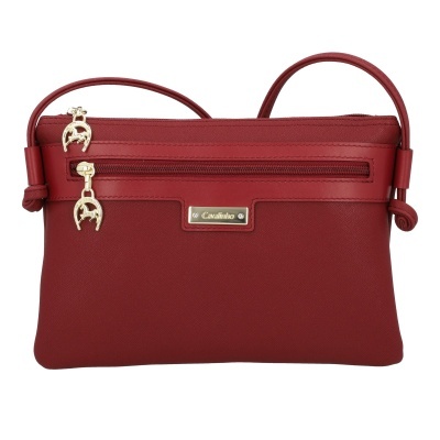 Mala de tiracolo vermelha em pele com fechos dourados e etiqueta metálica Cavalinho