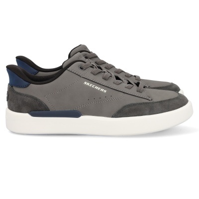 Ténis Skechers cinzentos com sola branca e detalhes azuis e cinzentos