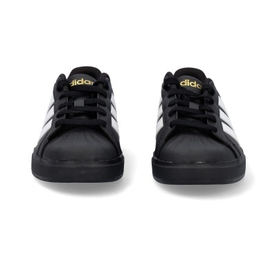 Sapatilhas Adidas pretas com riscas brancas e logótipo dourado