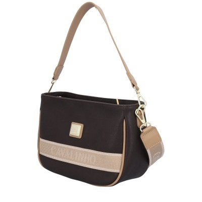 Mala de ombro castanha escura com faixa bege e alça bege